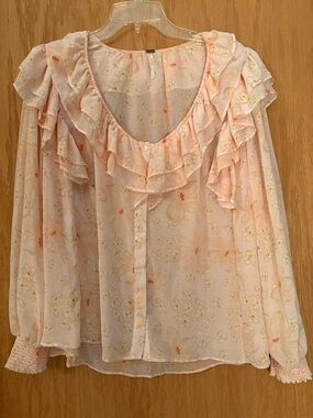 Free People Peach Floral Ruffle Sheer Blouse